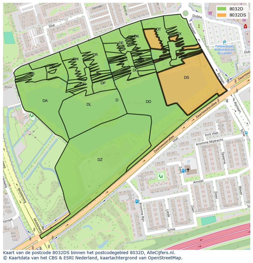 Afbeelding van het postcodegebied 8032 DS op de kaart.