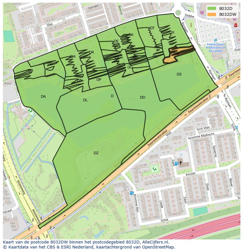Afbeelding van het postcodegebied 8032 DW op de kaart.