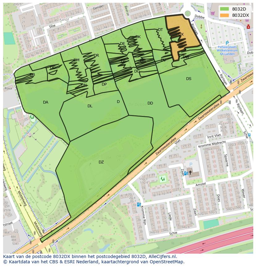 Afbeelding van het postcodegebied 8032 DX op de kaart.