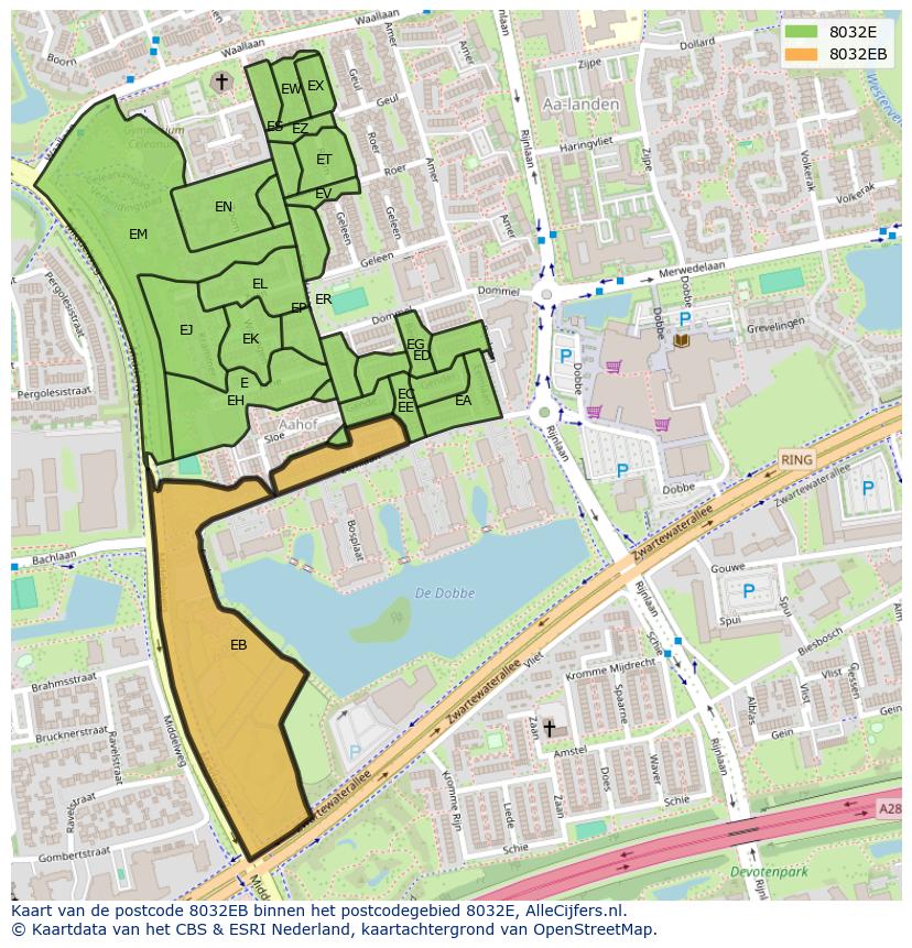 Afbeelding van het postcodegebied 8032 EB op de kaart.