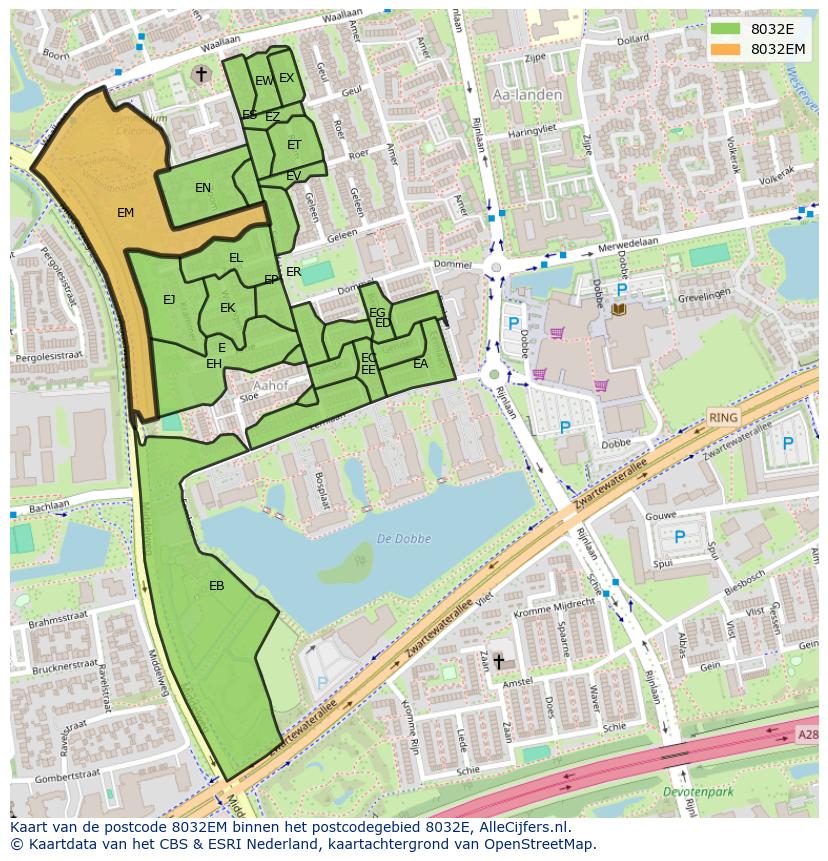 Afbeelding van het postcodegebied 8032 EM op de kaart.