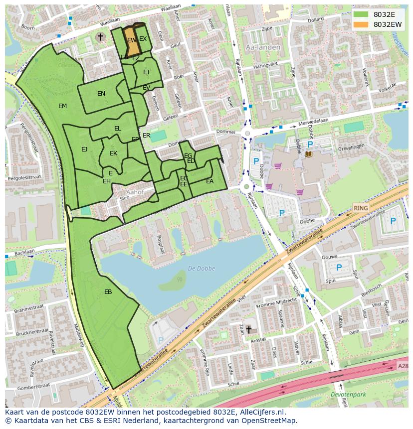Afbeelding van het postcodegebied 8032 EW op de kaart.