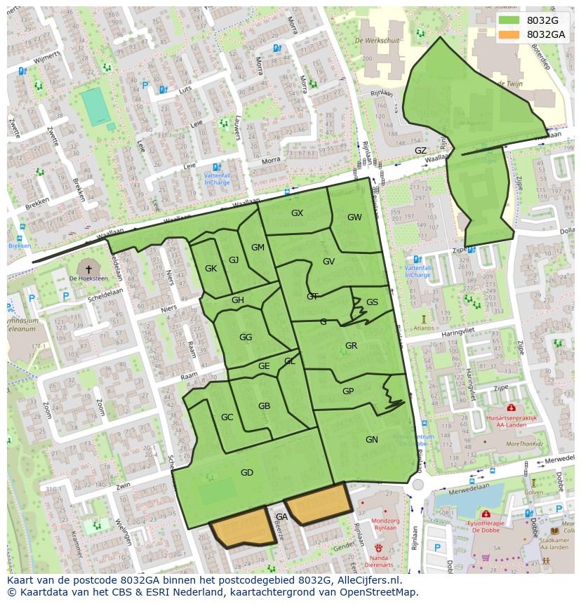 Afbeelding van het postcodegebied 8032 GA op de kaart.