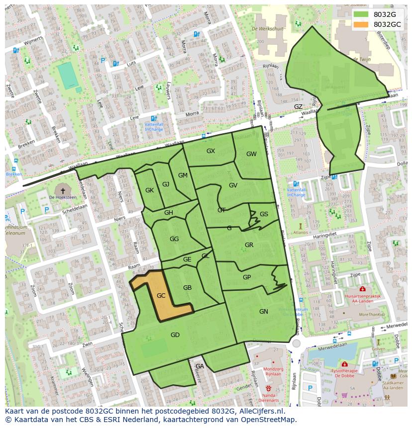 Afbeelding van het postcodegebied 8032 GC op de kaart.