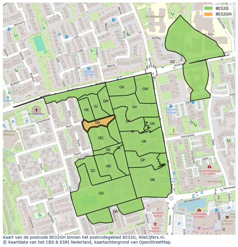 Afbeelding van het postcodegebied 8032 GH op de kaart.