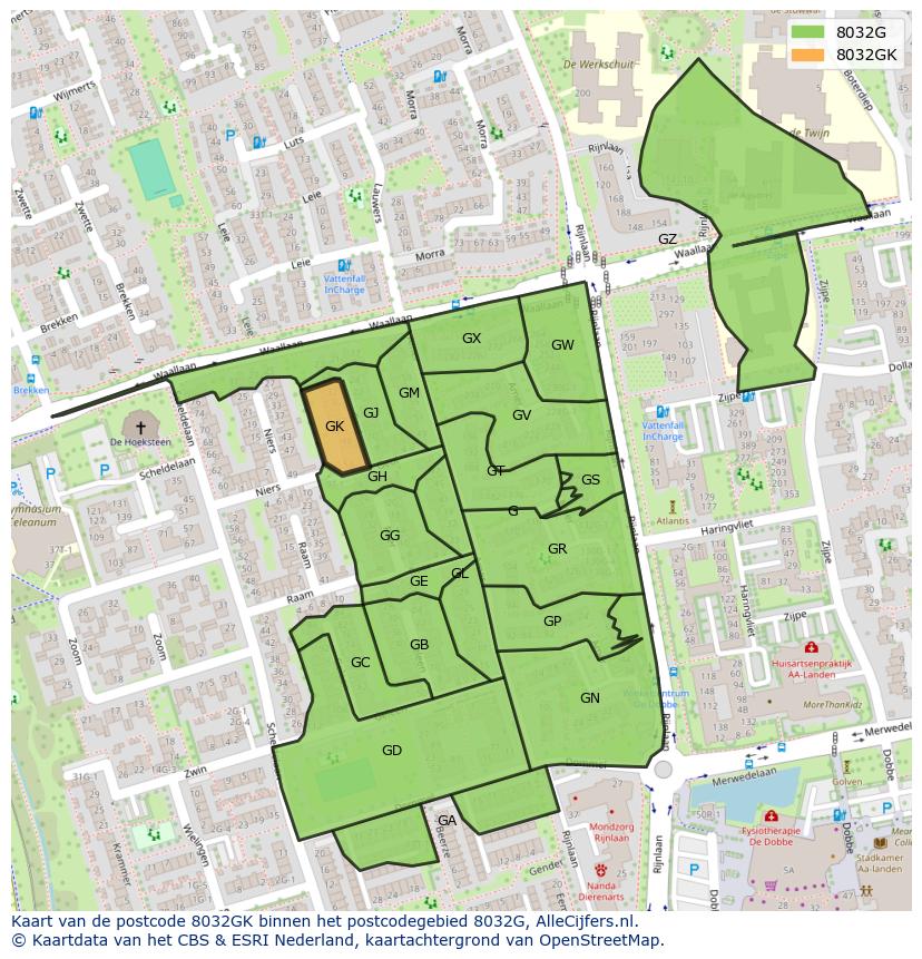 Afbeelding van het postcodegebied 8032 GK op de kaart.