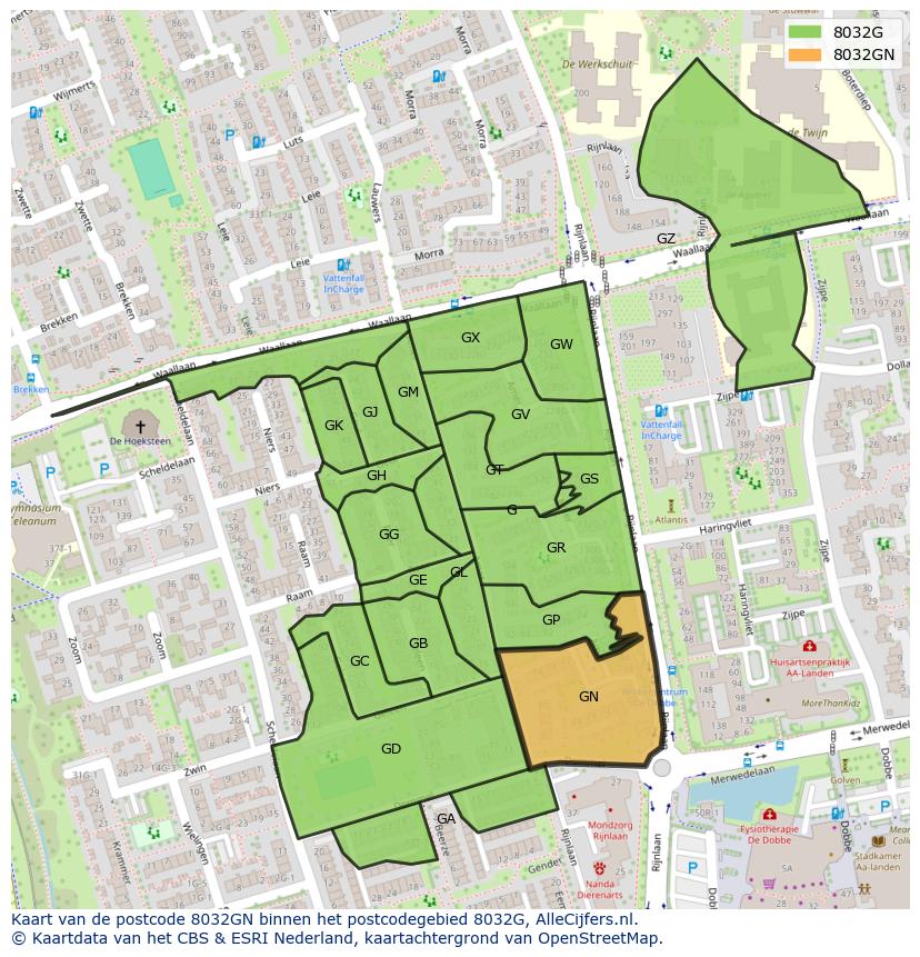 Afbeelding van het postcodegebied 8032 GN op de kaart.