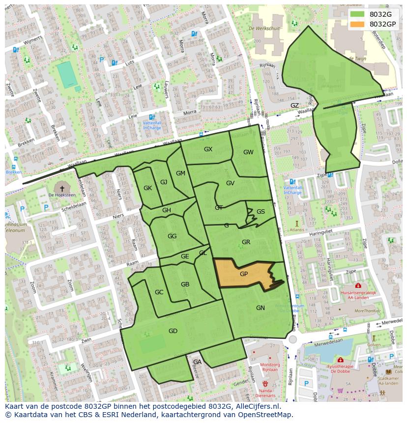 Afbeelding van het postcodegebied 8032 GP op de kaart.