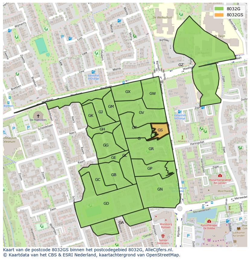 Afbeelding van het postcodegebied 8032 GS op de kaart.