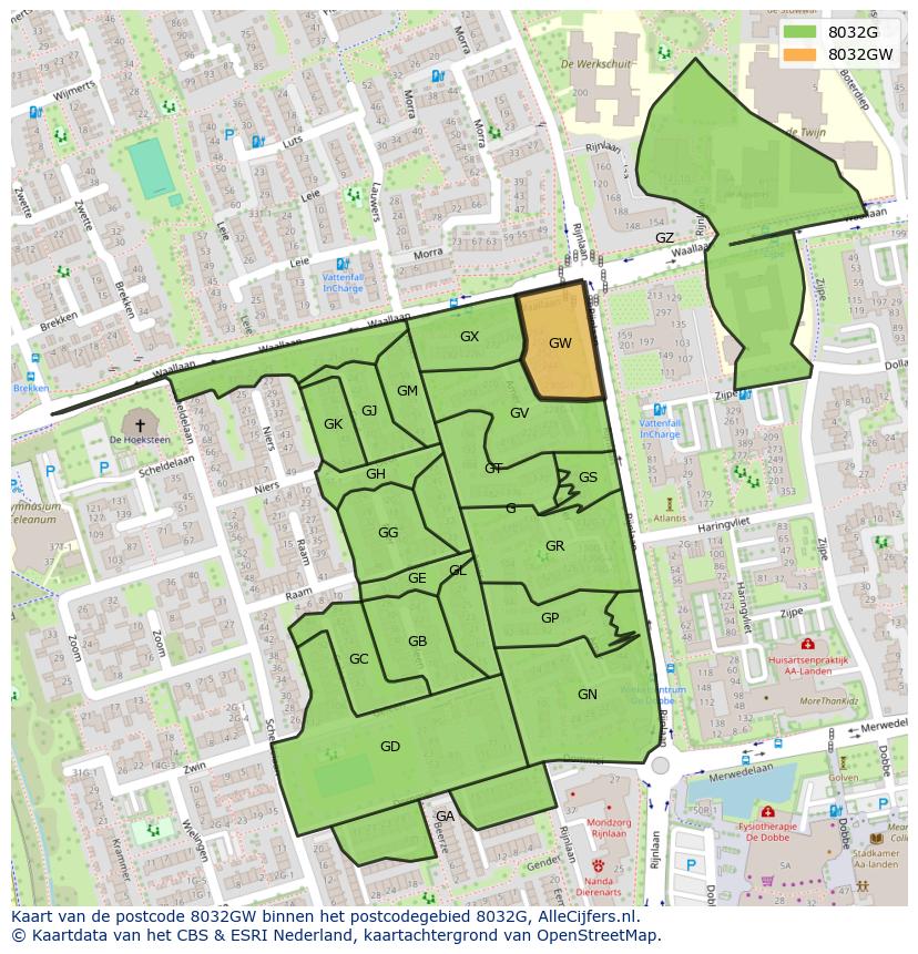 Afbeelding van het postcodegebied 8032 GW op de kaart.