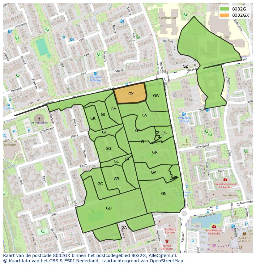 Afbeelding van het postcodegebied 8032 GX op de kaart.