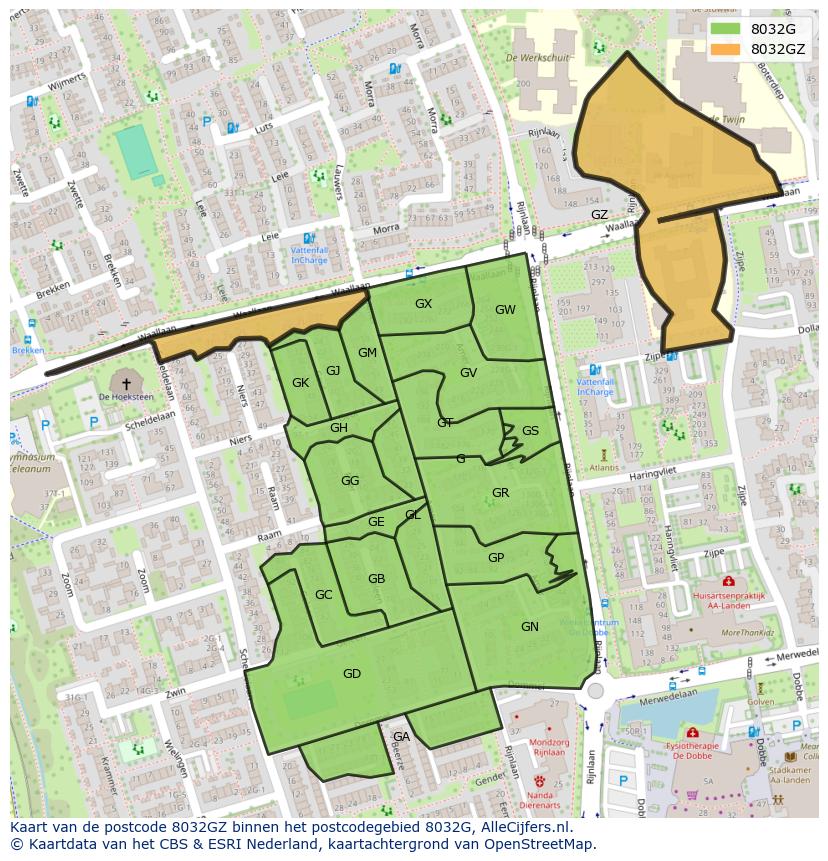 Afbeelding van het postcodegebied 8032 GZ op de kaart.