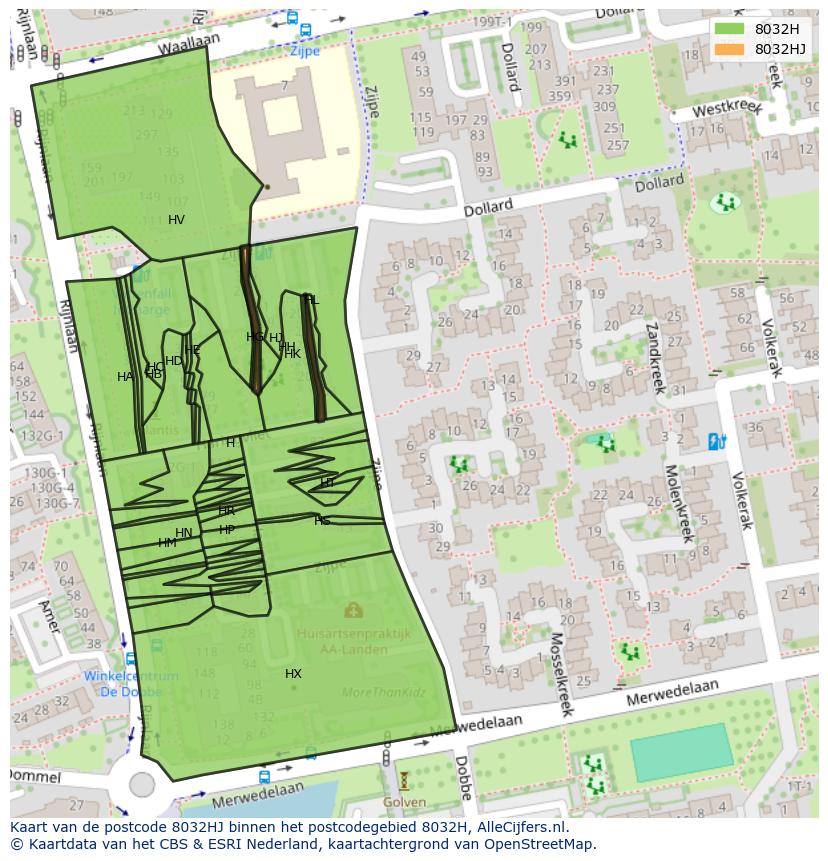 Afbeelding van het postcodegebied 8032 HJ op de kaart.