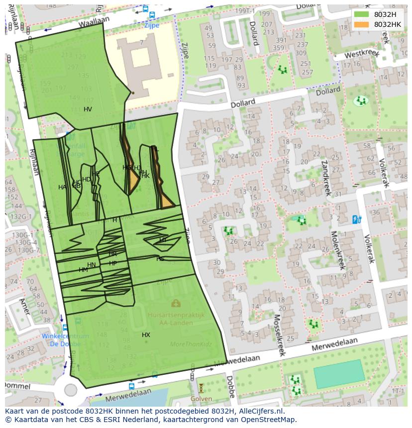 Afbeelding van het postcodegebied 8032 HK op de kaart.