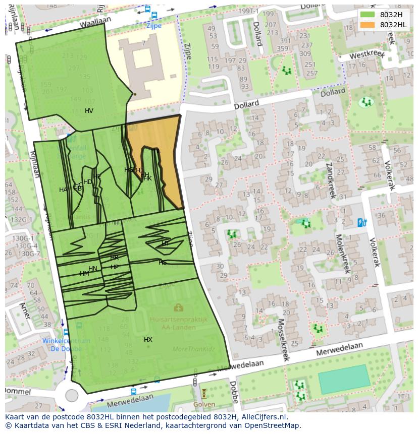 Afbeelding van het postcodegebied 8032 HL op de kaart.