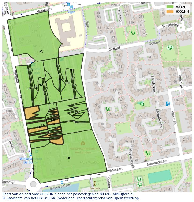 Afbeelding van het postcodegebied 8032 HN op de kaart.