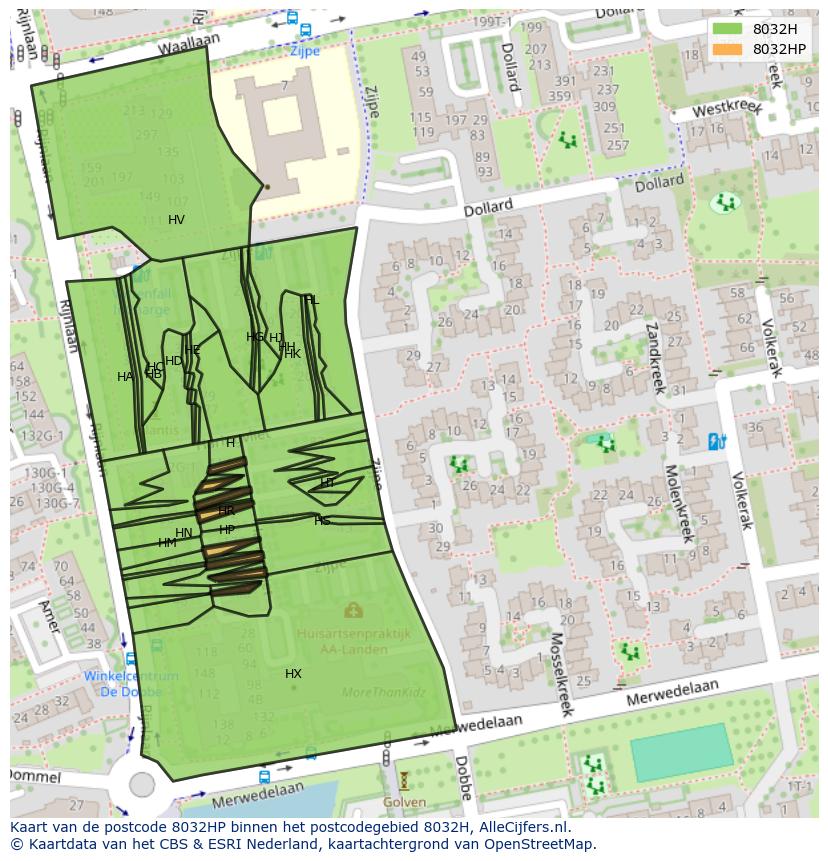 Afbeelding van het postcodegebied 8032 HP op de kaart.