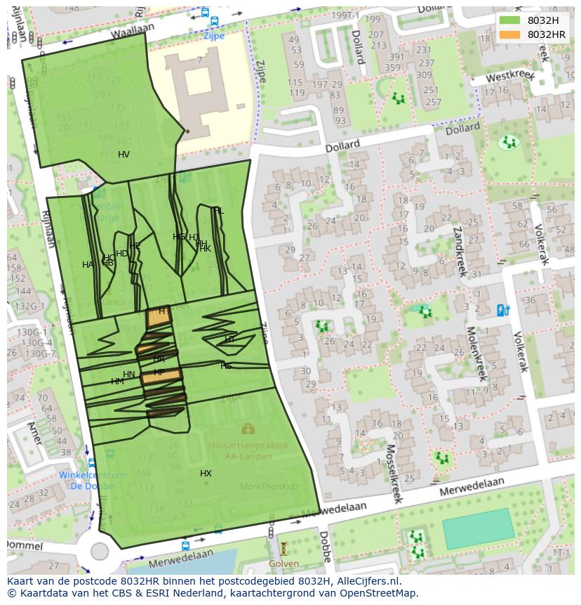 Afbeelding van het postcodegebied 8032 HR op de kaart.