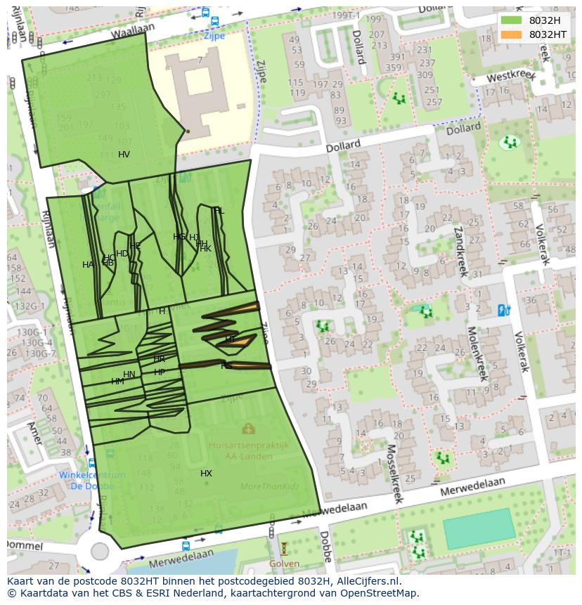 Afbeelding van het postcodegebied 8032 HT op de kaart.