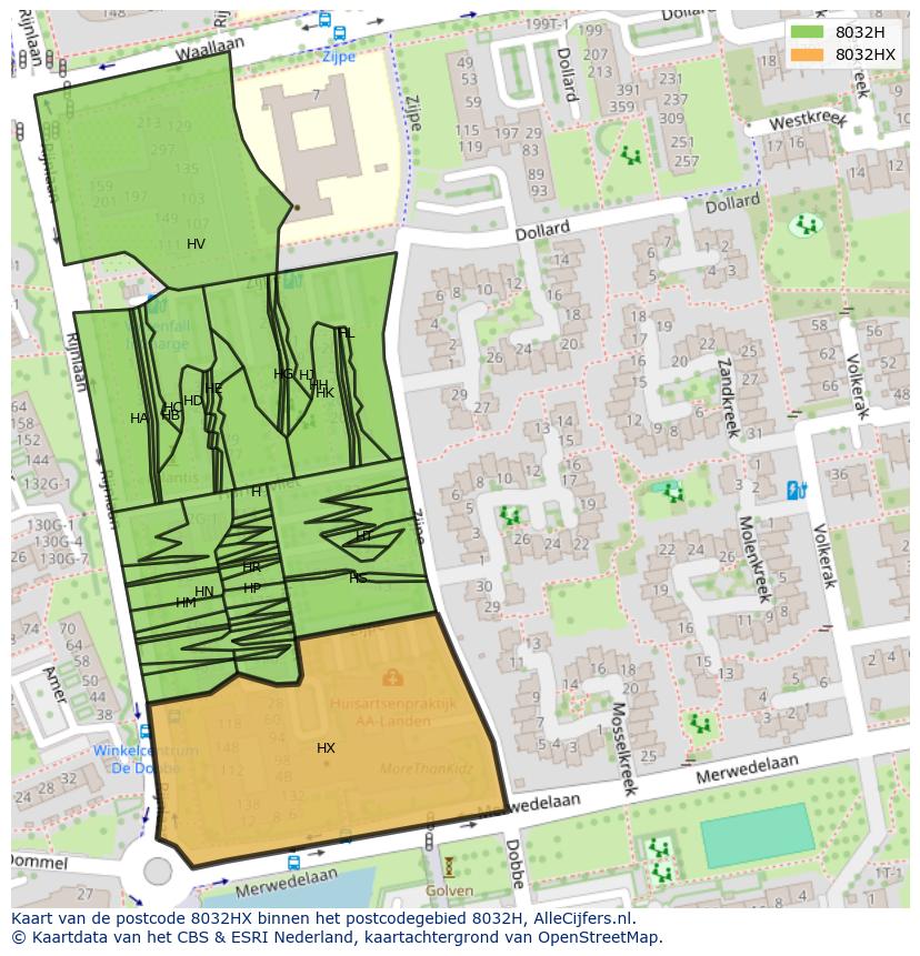 Afbeelding van het postcodegebied 8032 HX op de kaart.