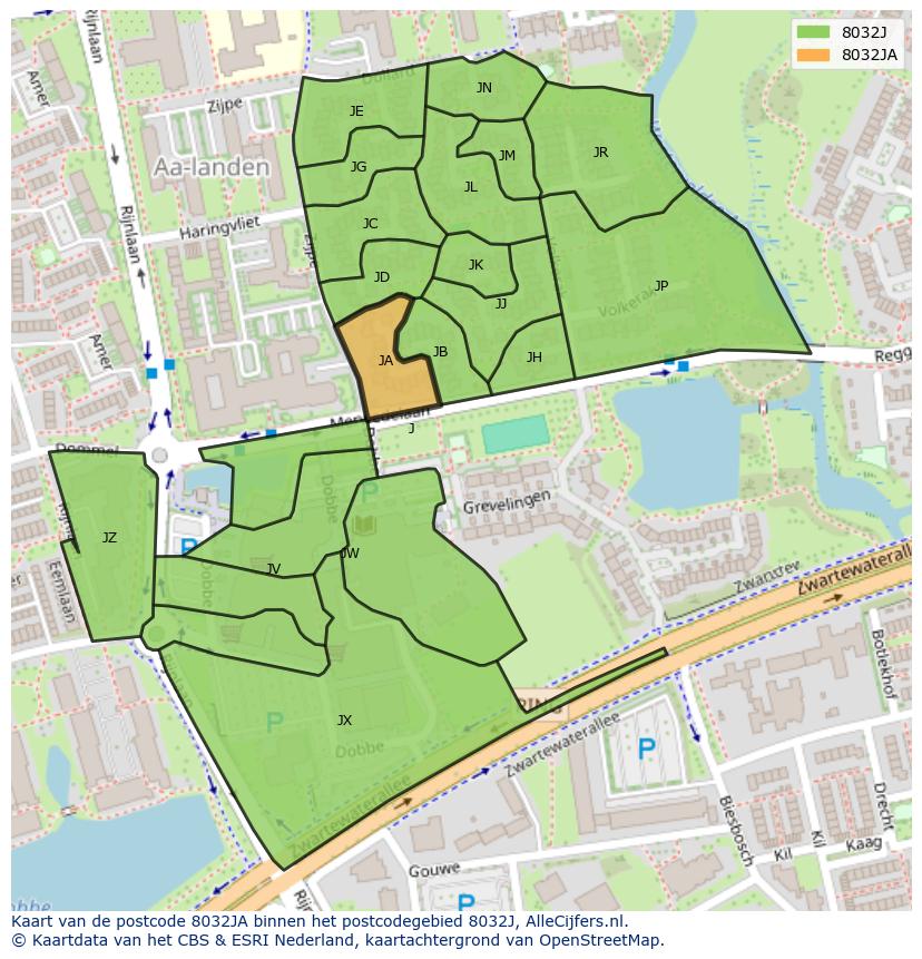 Afbeelding van het postcodegebied 8032 JA op de kaart.