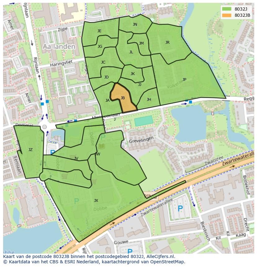 Afbeelding van het postcodegebied 8032 JB op de kaart.