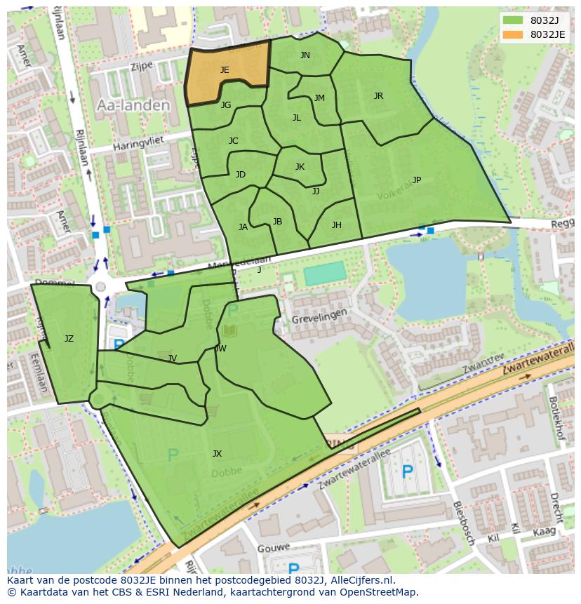 Afbeelding van het postcodegebied 8032 JE op de kaart.