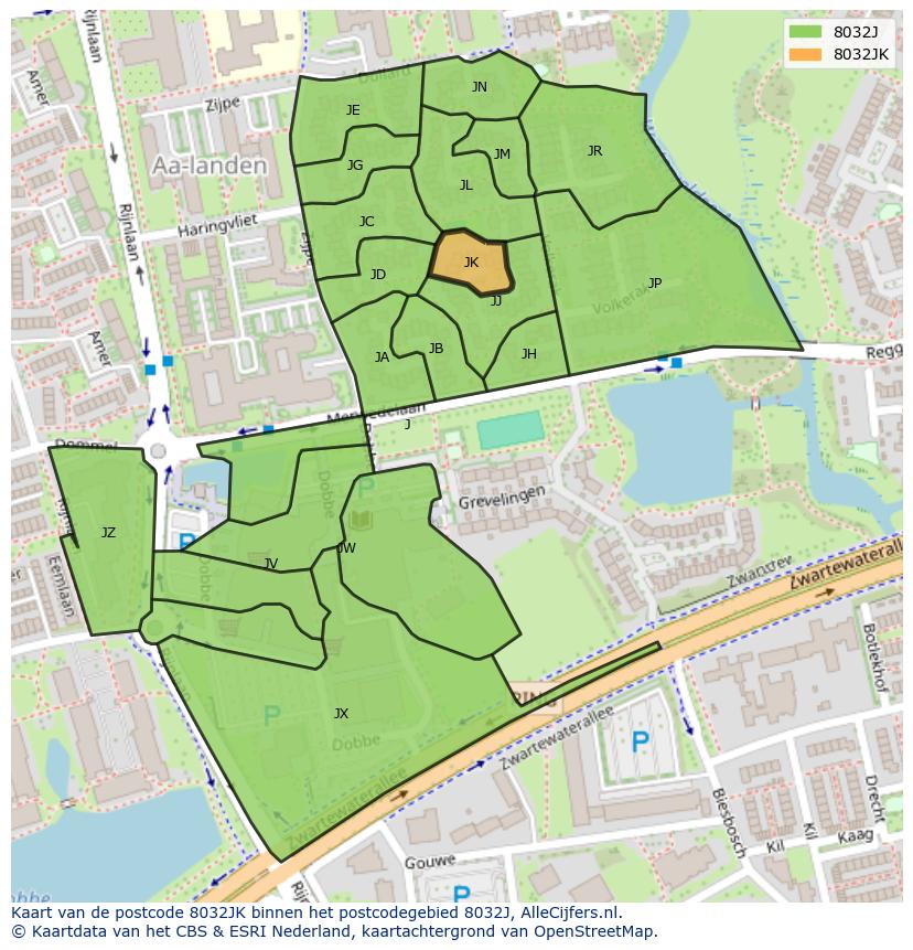 Afbeelding van het postcodegebied 8032 JK op de kaart.