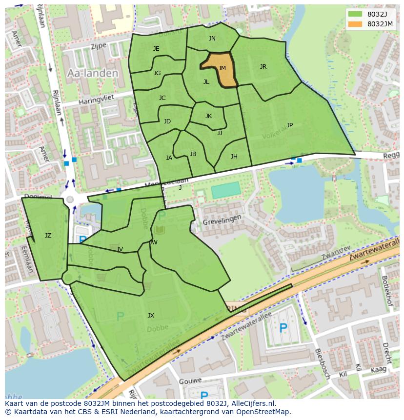 Afbeelding van het postcodegebied 8032 JM op de kaart.