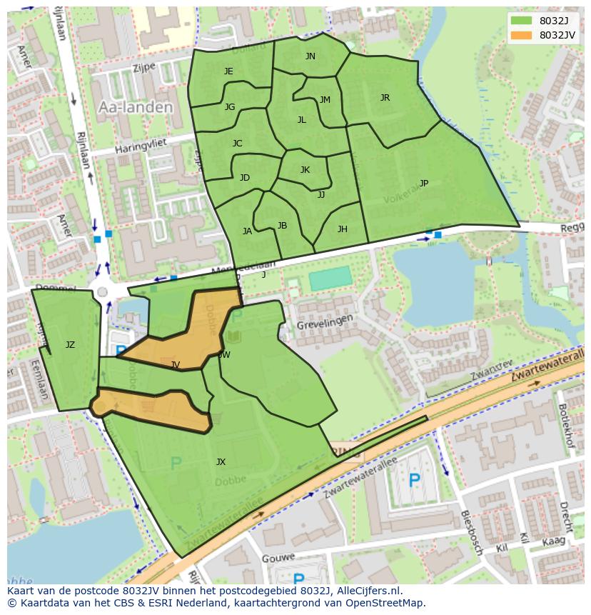 Afbeelding van het postcodegebied 8032 JV op de kaart.