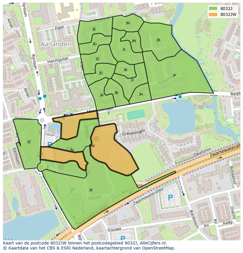 Afbeelding van het postcodegebied 8032 JW op de kaart.