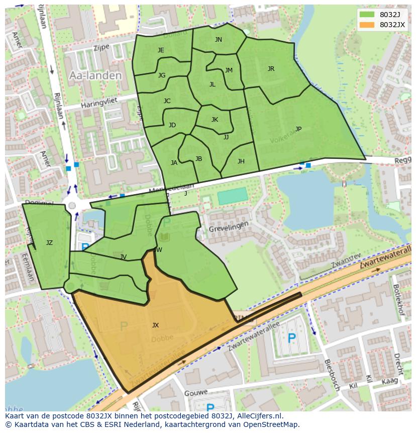 Afbeelding van het postcodegebied 8032 JX op de kaart.