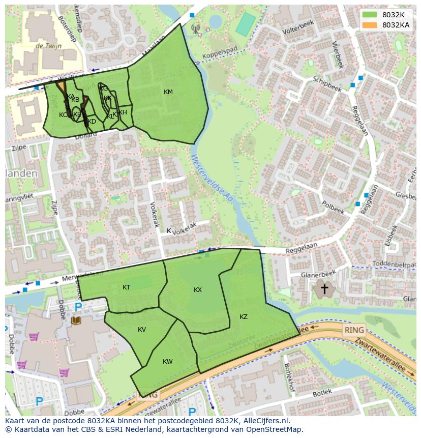Afbeelding van het postcodegebied 8032 KA op de kaart.
