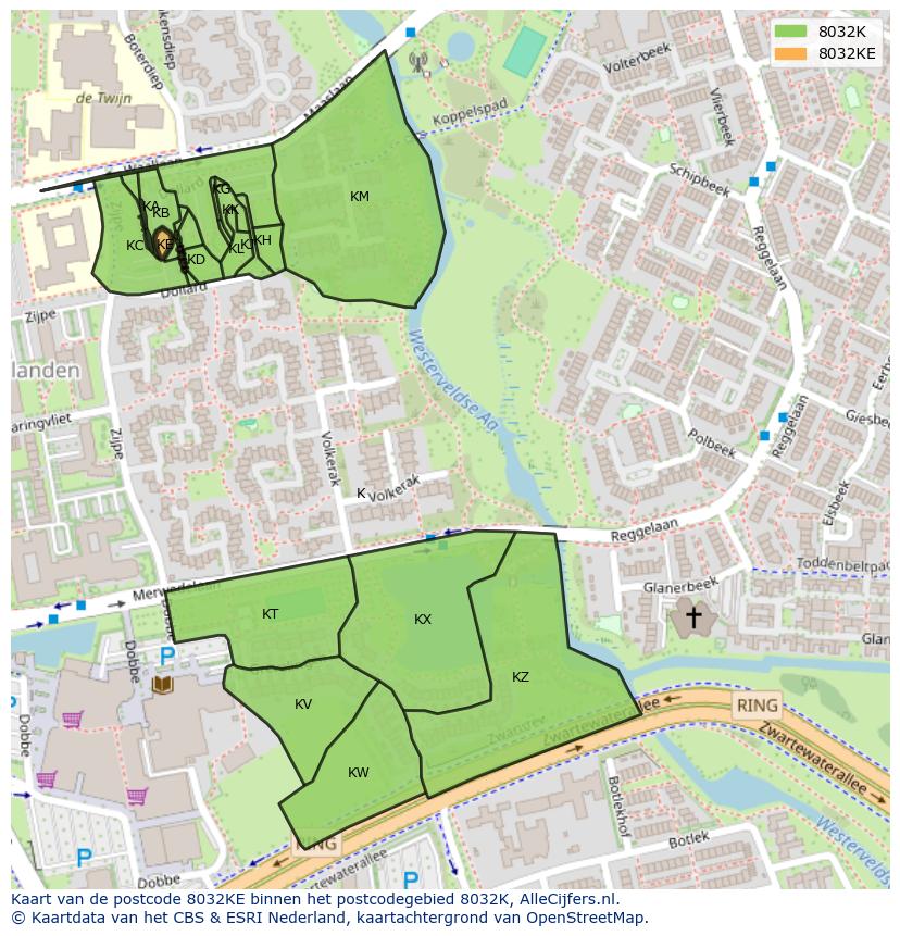 Afbeelding van het postcodegebied 8032 KE op de kaart.