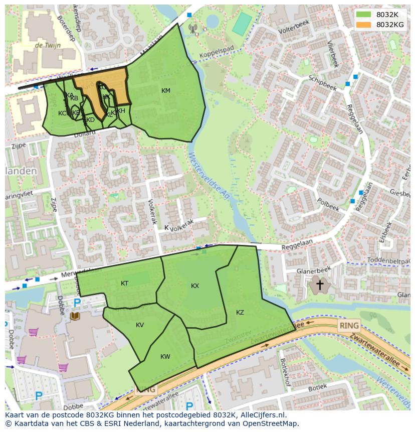 Afbeelding van het postcodegebied 8032 KG op de kaart.