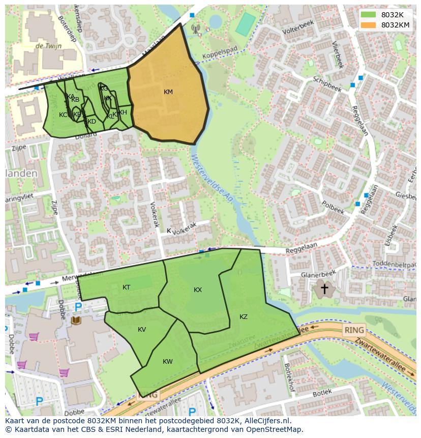 Afbeelding van het postcodegebied 8032 KM op de kaart.