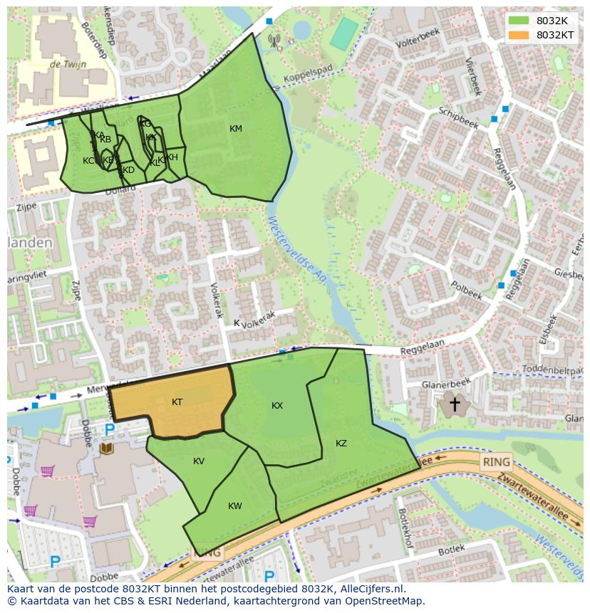 Afbeelding van het postcodegebied 8032 KT op de kaart.