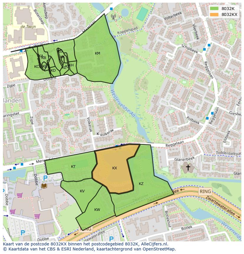 Afbeelding van het postcodegebied 8032 KX op de kaart.