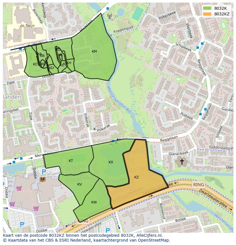 Afbeelding van het postcodegebied 8032 KZ op de kaart.