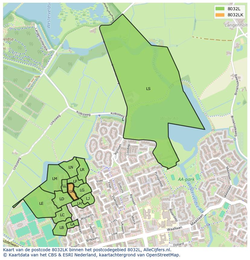 Afbeelding van het postcodegebied 8032 LK op de kaart.