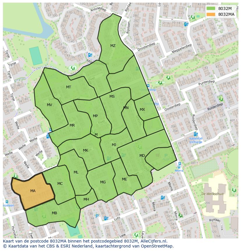 Afbeelding van het postcodegebied 8032 MA op de kaart.