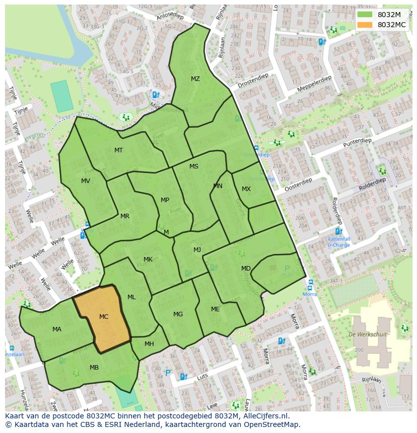 Afbeelding van het postcodegebied 8032 MC op de kaart.
