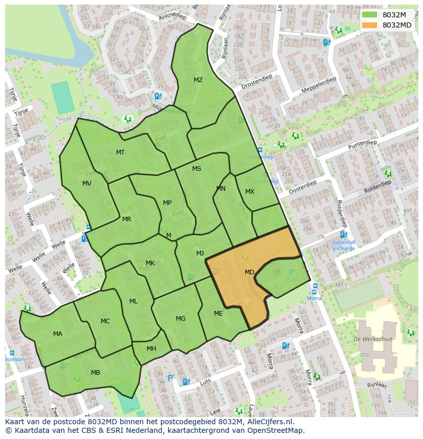 Afbeelding van het postcodegebied 8032 MD op de kaart.