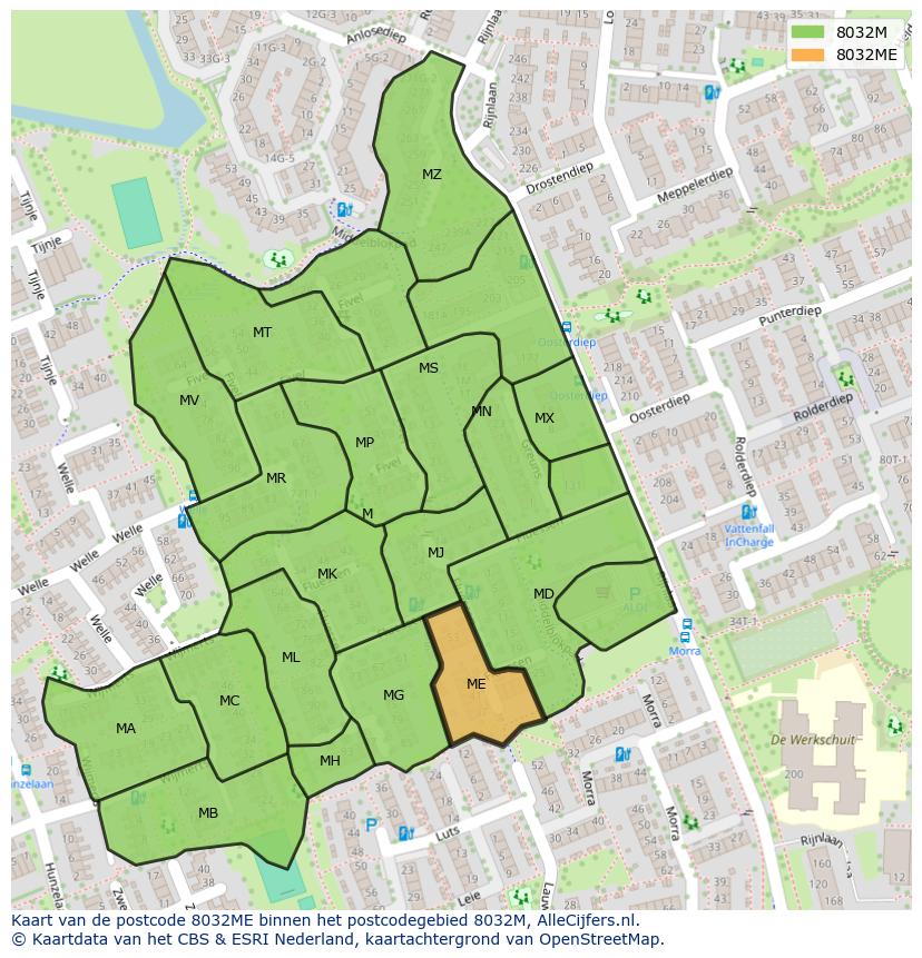 Afbeelding van het postcodegebied 8032 ME op de kaart.