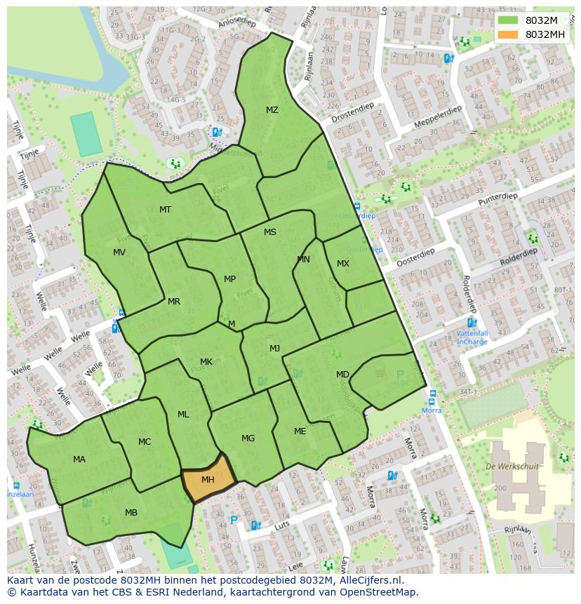 Afbeelding van het postcodegebied 8032 MH op de kaart.