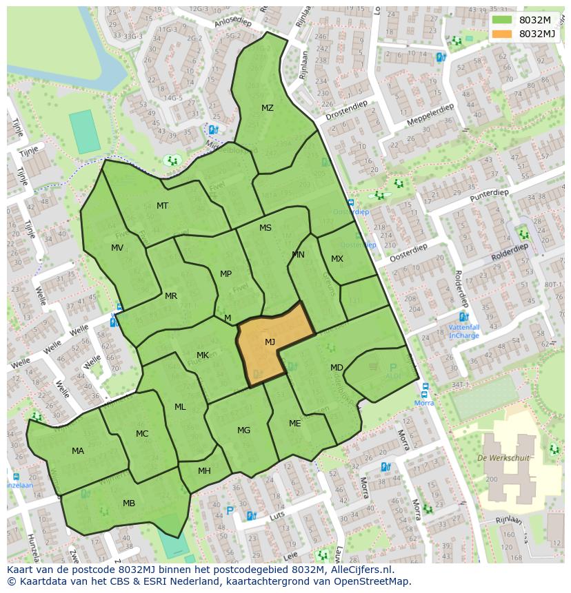 Afbeelding van het postcodegebied 8032 MJ op de kaart.