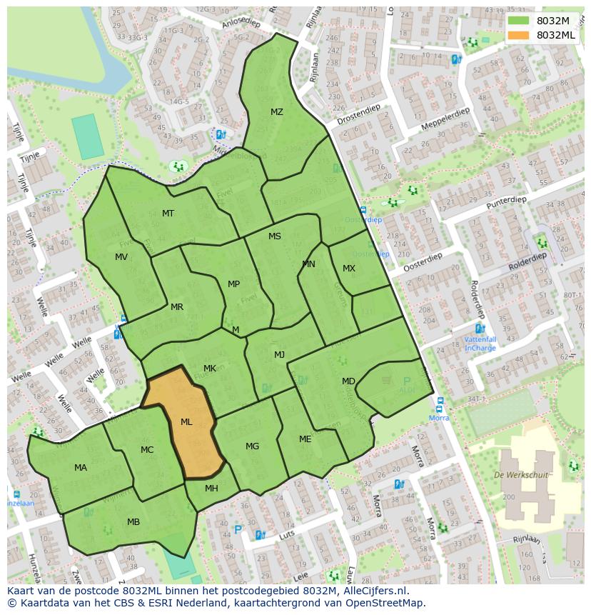 Afbeelding van het postcodegebied 8032 ML op de kaart.