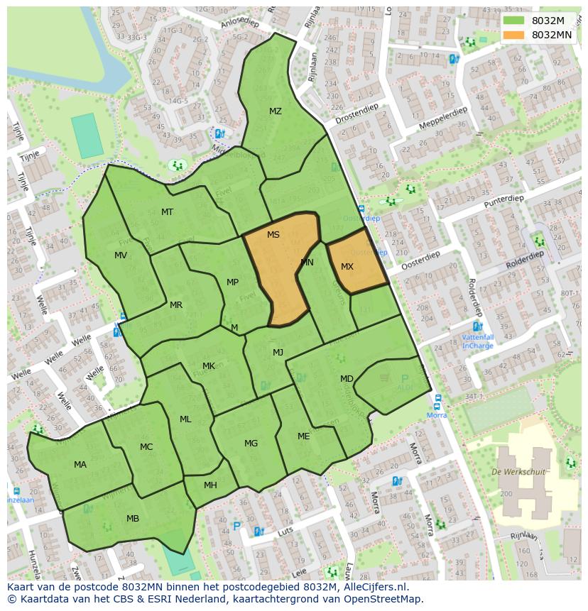 Afbeelding van het postcodegebied 8032 MN op de kaart.