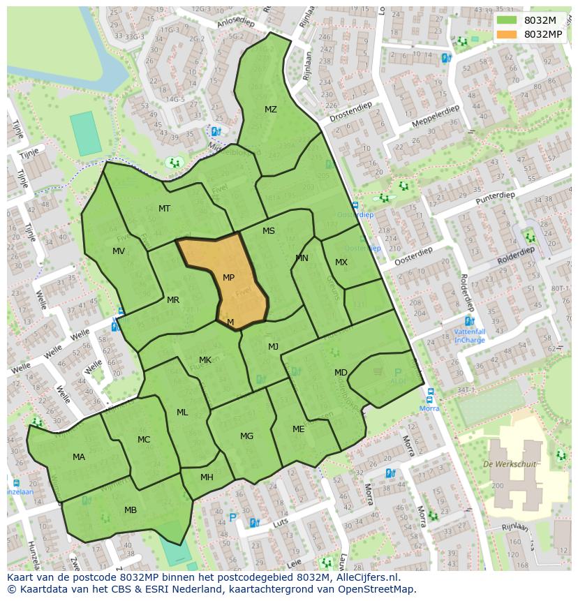 Afbeelding van het postcodegebied 8032 MP op de kaart.