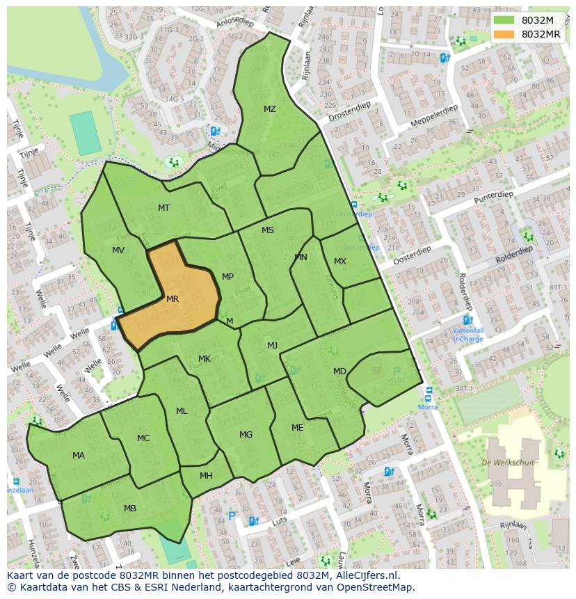 Afbeelding van het postcodegebied 8032 MR op de kaart.